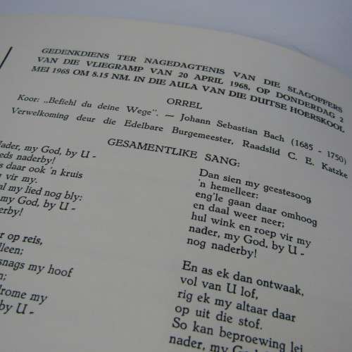 Original Memorial service booklet for Windhoek Air Disaster 20 April 1968 of SA Airways flight 228