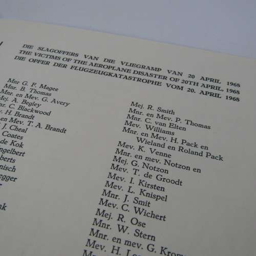 Original Memorial service booklet for Windhoek Air Disaster 20 April 1968 of SA Airways flight 228