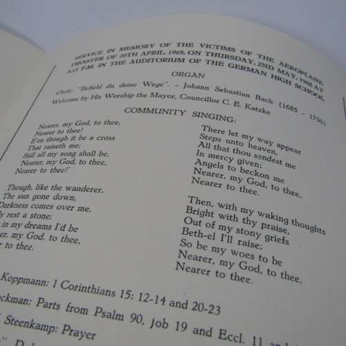 Original Memorial service booklet for Windhoek Air Disaster 20 April 1968 of SA Airways flight 228