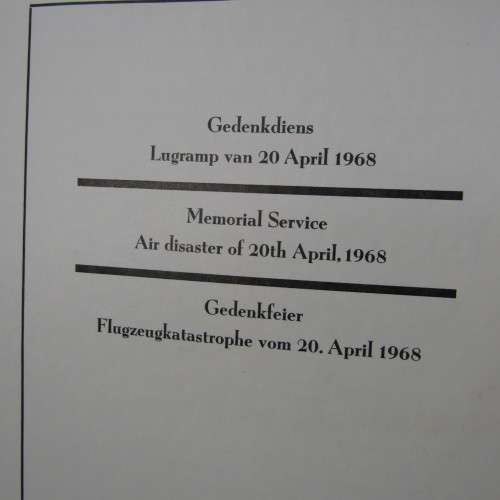 Original Memorial service booklet for Windhoek Air Disaster 20 April 1968 of SA Airways flight 228