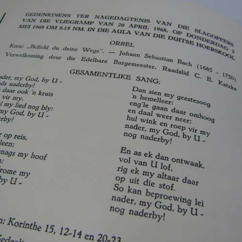 Original Memorial service booklet for Windhoek Air Disaster 20 April 1968 of SA Airways flight 228