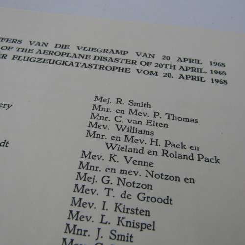 Original Memorial service booklet for Windhoek Air Disaster 20 April 1968 of SA Airways flight 228