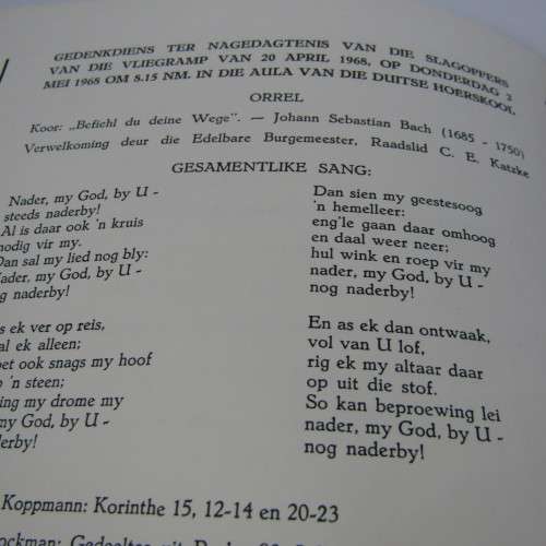 Original Memorial service booklet for Windhoek Air Disaster 20 April 1968 of SA Airways flight 228
