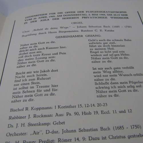 Original Memorial service booklet for Windhoek Air Disaster 20 April 1968 of SA Airways flight 228