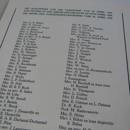 Original Memorial service booklet for Windhoek Air Disaster 20 April 1968 of SA Airways flight 228