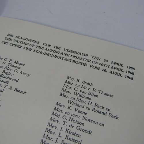 Original Memorial service booklet for Windhoek Air Disaster 20 April 1968 of SA Airways flight 228