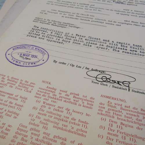 1931 Original paperwork to CA Logie - for building of house on ERF 20 Windhoek