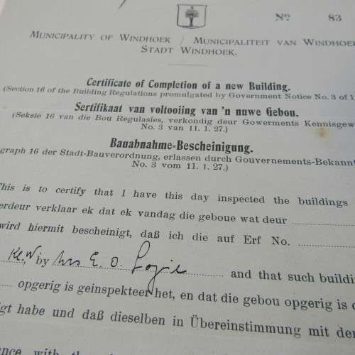 1931 Original paperwork to CA Logie - for building of house on ERF 20 Windhoek