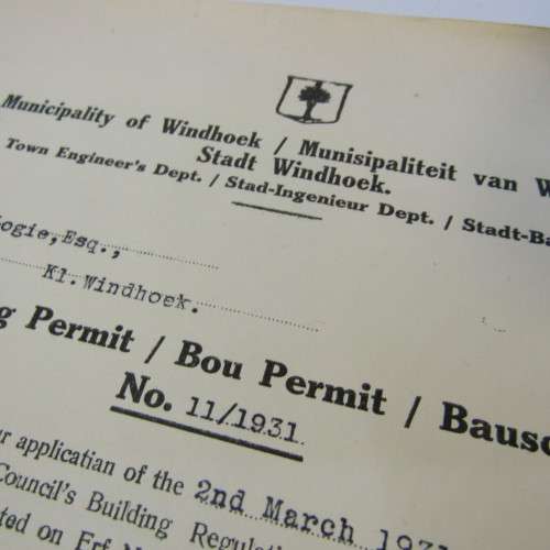 1931 Original paperwork to CA Logie - for building of house on ERF 20 Windhoek