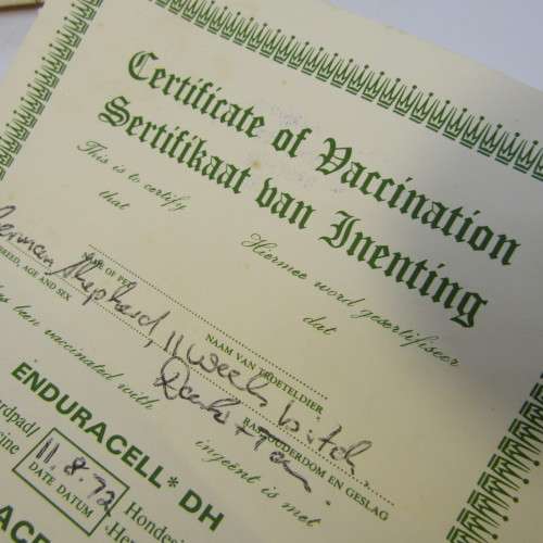 Record for German Shepard dog Cilla vom Poppelhain 1972 - South West Africa - with vaccination certi