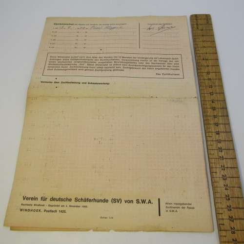 Record for German Shepard dog Cilla vom Poppelhain 1972 - South West Africa - with vaccination certi