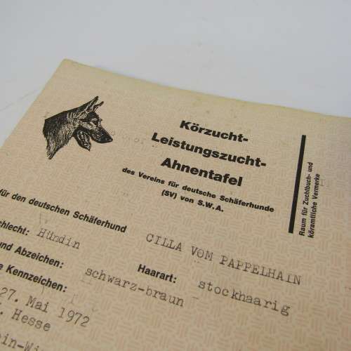 Record for German Shepard dog Cilla vom Poppelhain 1972 - South West Africa - with vaccination certi