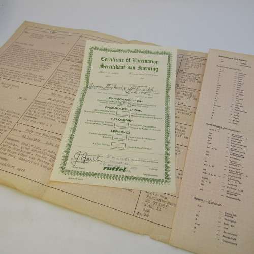 Record for German Shepard dog Cilla vom Poppelhain 1972 - South West Africa - with vaccination certi