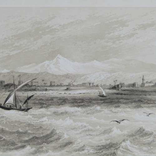 Engraving by JH le Keux from painting by Lt. Col. Allderson - Tyre - West view - early 1800s