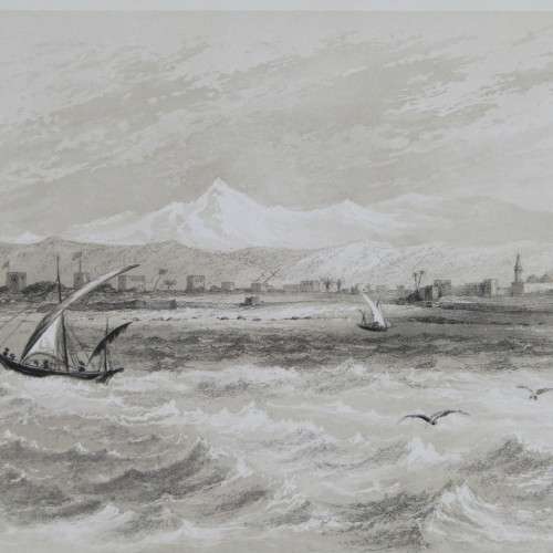 Engraving by JH le Keux from painting by Lt. Col. Allderson - Tyre - West view - early 1800s