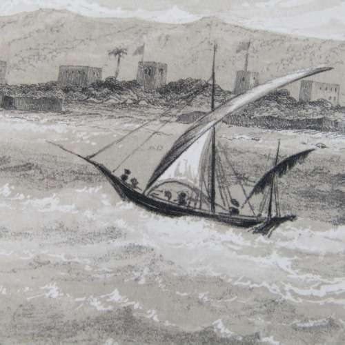 Engraving by JH le Keux from painting by Lt. Col. Allderson - Tyre - West view - early 1800s