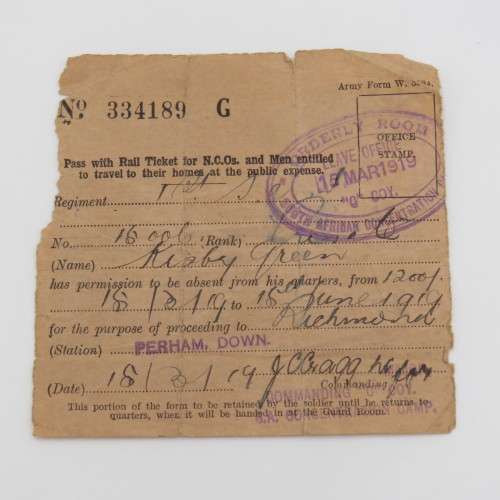 WW1 pass to soldier Pte Kisbey-Green for leave 15/3/1919 to 15/6/1919 just post WW1