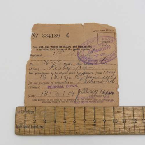 WW1 pass to soldier Pte Kisbey-Green for leave 15/3/1919 to 15/6/1919 just post WW1
