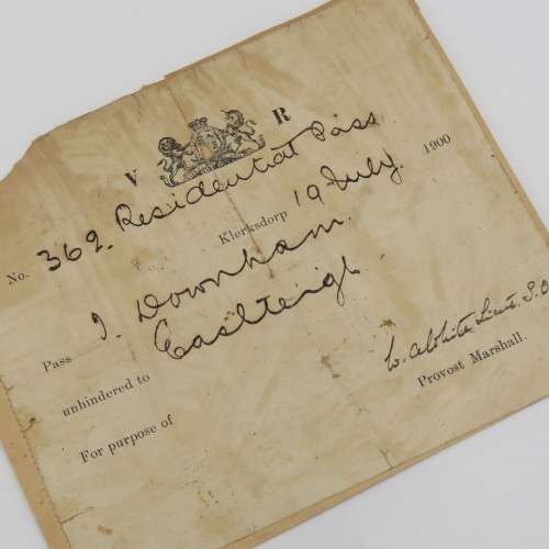 Boer War Residential Pass issued 19 July 1900 to T Downham to move unhindered to Eastleigh