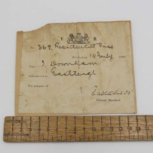 Boer War Residential Pass issued 19 July 1900 to T Downham to move unhindered to Eastleigh