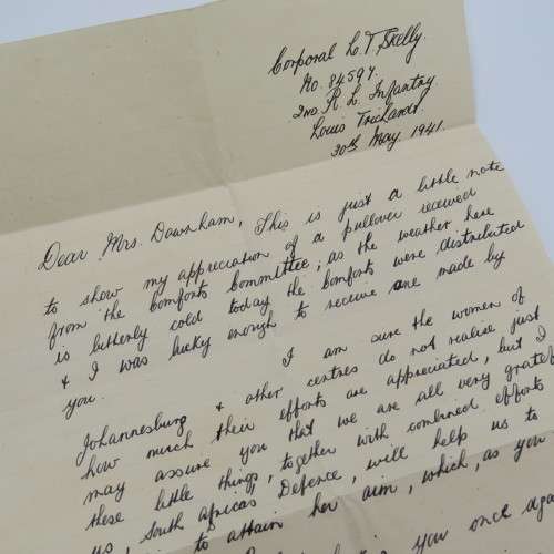 WW2 letter to Home comforts lady thanking her for a jersey - 1941 from Corporal Kelly
