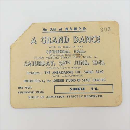 WW2 1941 Dance ticket sold in aid of SAWAS -  Cathedral Hall Cape Town