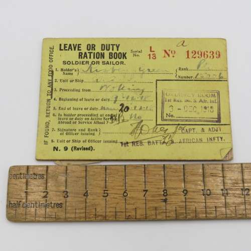 WW1 Soldier ration book dated 3 De  1918 - Belonged to PTE Kisbey-Green