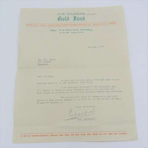 Thank you letter from the secretary of the WW2 gold fund to Mrs. FJ Roots - 1942