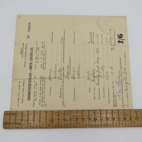 South African Birth Certificate for Horace William Fowler - 21 May 1916 - Issued on 17 May 1949