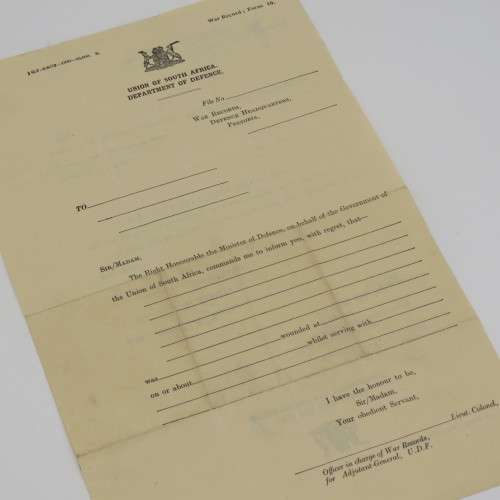 Union of South Africa 1941 letter to inform mother that her son was wounded - DP Raats