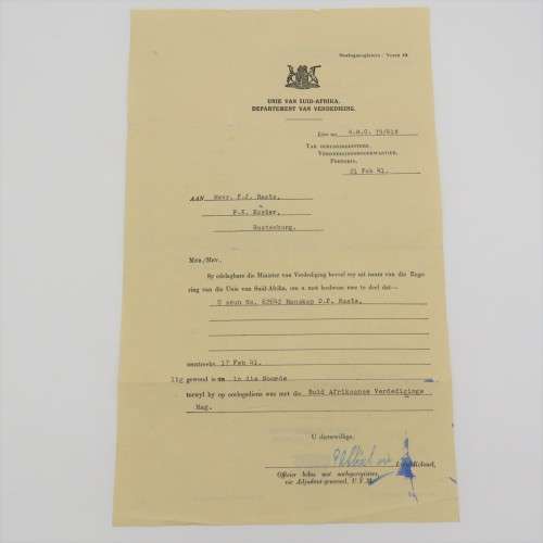 Union of South Africa 1941 letter to inform mother that her son was wounded - DP Raats