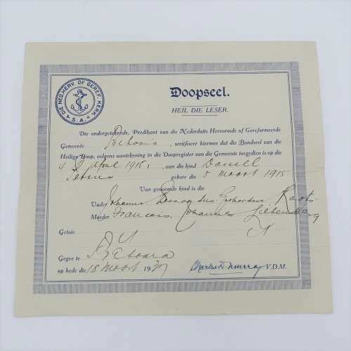 Ned. Hervormde of Gereformeerde Kerk SA - Doopseel vir Daniel Petrus Raats gebore 5 Maart 1915