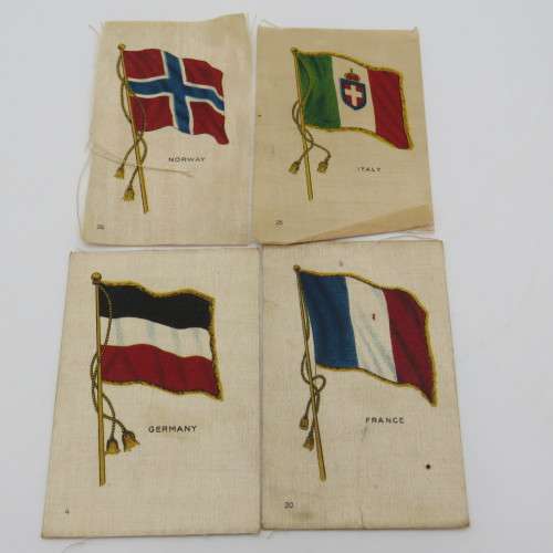 Lot of 8 flags of all nations cigarette cards in silk - 4 with backing - 4 without