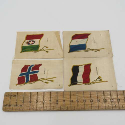 Lot of 8 flags of all nations cigarette cards in silk - 4 with backing - 4 without