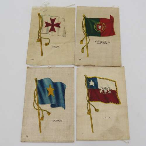 Lot of 8 flags of all nations cigarette cards in silk - 4 with backing - 4 without