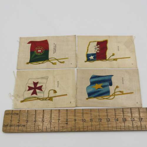 Lot of 8 flags of all nations cigarette cards in silk - 4 with backing - 4 without