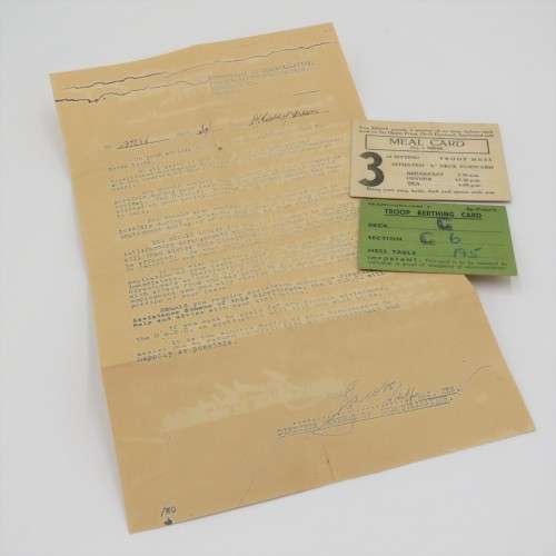 WW2 Troop Berthing card on transport ship - Issued to SGT Kisbey-Green plus meal card on ship