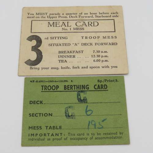 WW2 Troop Berthing card on transport ship - Issued to SGT Kisbey-Green plus meal card on ship