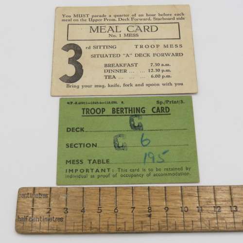 WW2 Troop Berthing card on transport ship - Issued to SGT Kisbey-Green plus meal card on ship