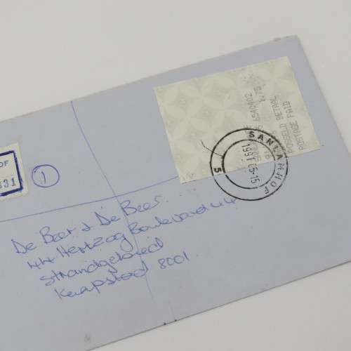 1991 Registered letter send from Sanlamhof Post Office to Cape Town with postage paid label