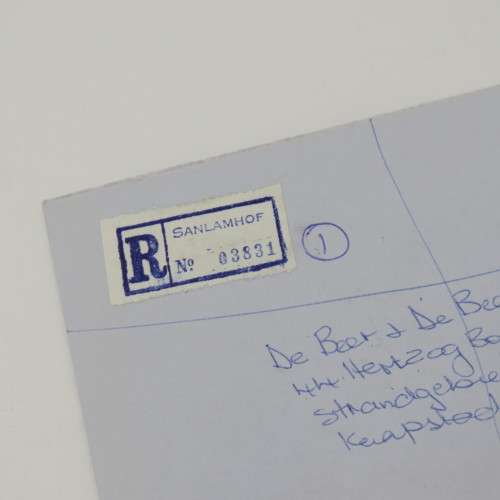1991 Registered letter send from Sanlamhof Post Office to Cape Town with postage paid label