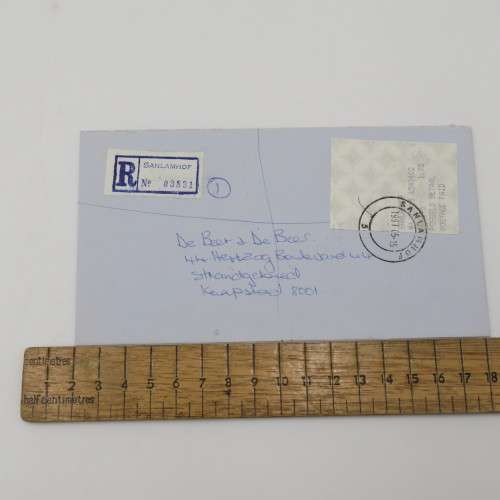 1991 Registered letter send from Sanlamhof Post Office to Cape Town with postage paid label