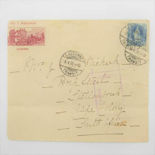 Postal cover from Lausanne Switzerland to Stellenbosch South Africa 2 May 1902