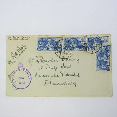 WW II South African Air Mail passed by censor with 4 x 3d war stamps Egypt 54