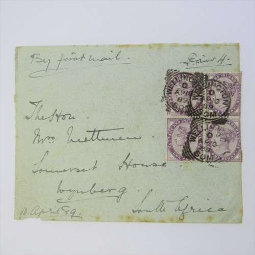 British 4 x 1 Penny Victorian on cover addressed to Lady Metheum South Africa hand written