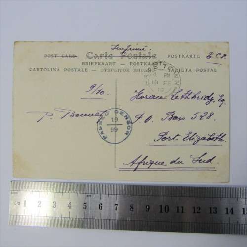 French censored postcard from France to Port Elizabeth South Africa with French stamp