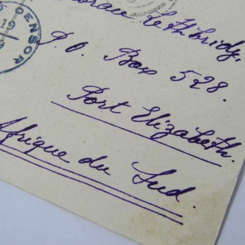 French censored postcard from France to Port Elizabeth South Africa with French stamp