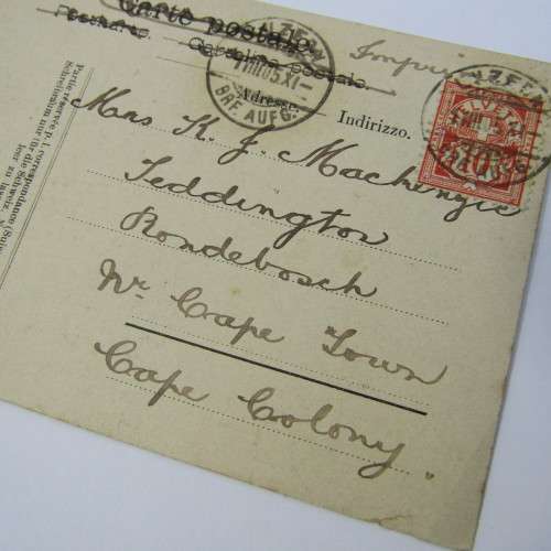Postcard from Switzerland to Rondebosch South Africa with SCARCE Rondebosch