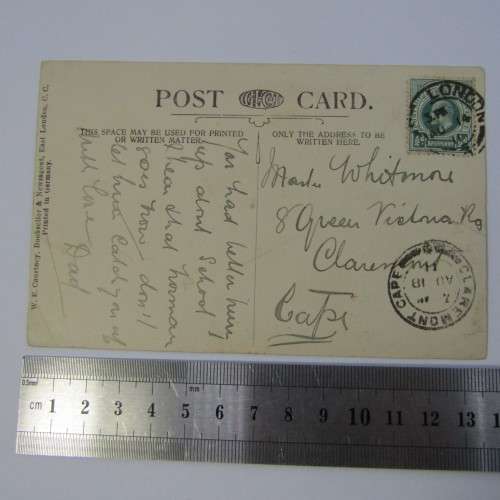 British 1/2d on East London postcard to Claremont Cape