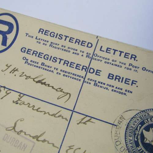 Registered letter from Durban South Africa to London England 28 January 1924